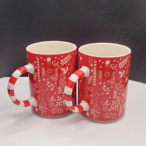 Starbucks Winter Mug Woodland Fox Striped Handle Pair 12oz.